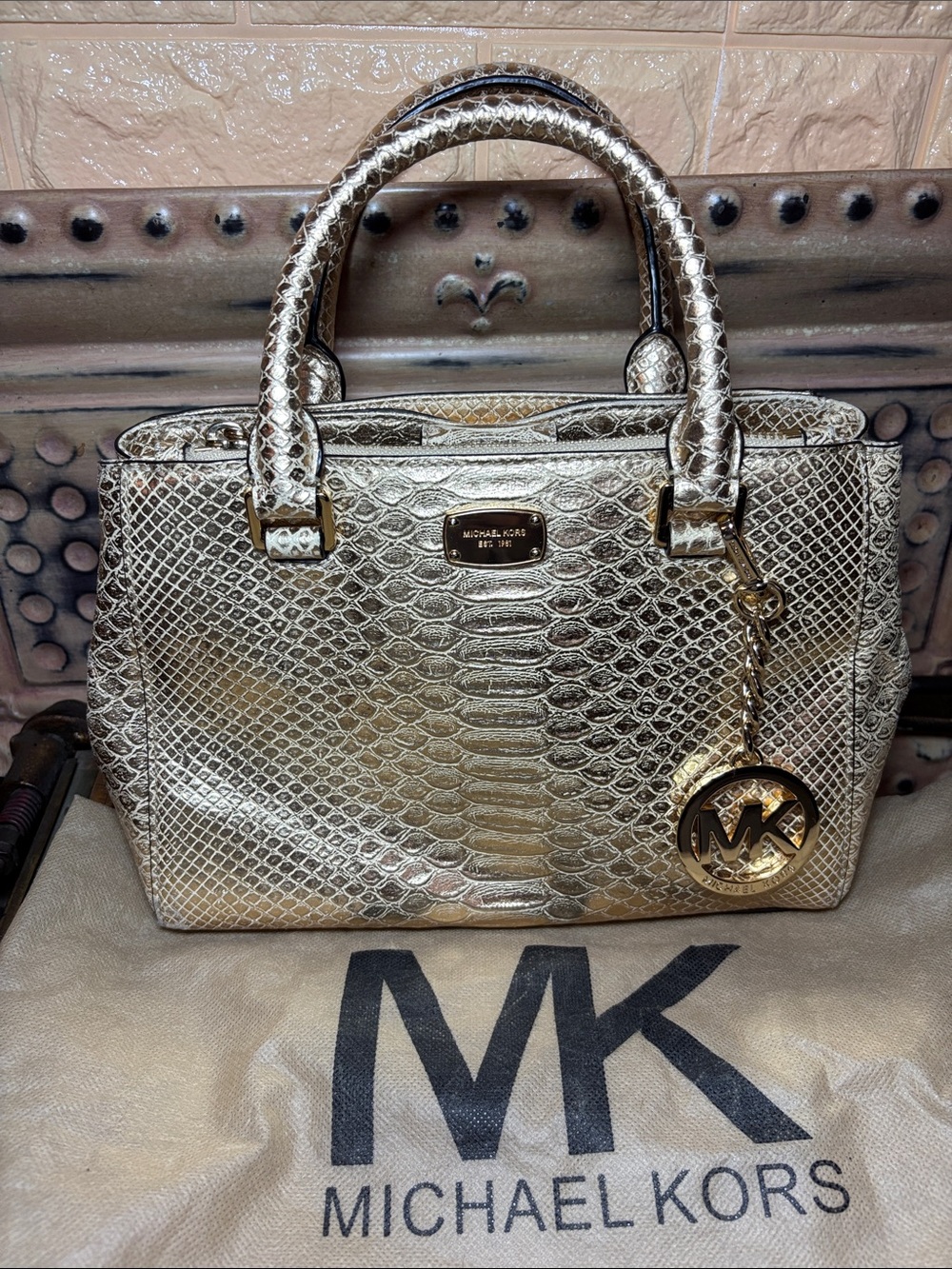 MICHAEL Michael Kors Metallic Gold Snakeskin Satchel w Dust Bag, Gold Tone Charm